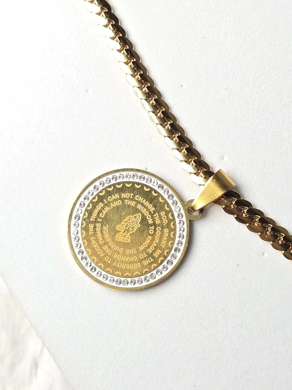 Serenity Prayer Necklace Praying Hands CZ Gold Stainless Steel 22